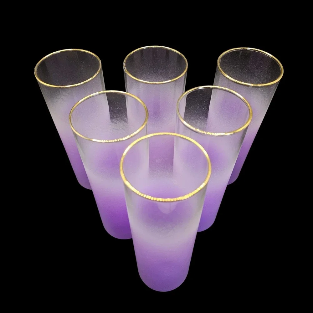 Vintage Blendo Frosted Ombre Purple‎ Pitcher & 6 Tumblers Gold Rim Barware Set
